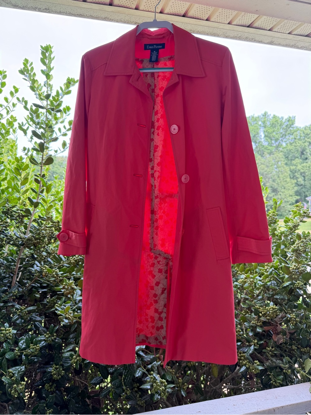 Evan Picone Coral Pink Trench Coat Medium Floral Lined Lightweight Jacket M